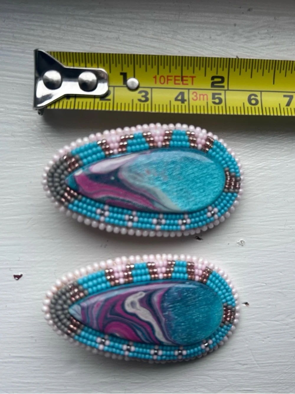 Hand Crafted Teardrop Earrings in Turquoise, Pink and Silver - Picture 4 of 5